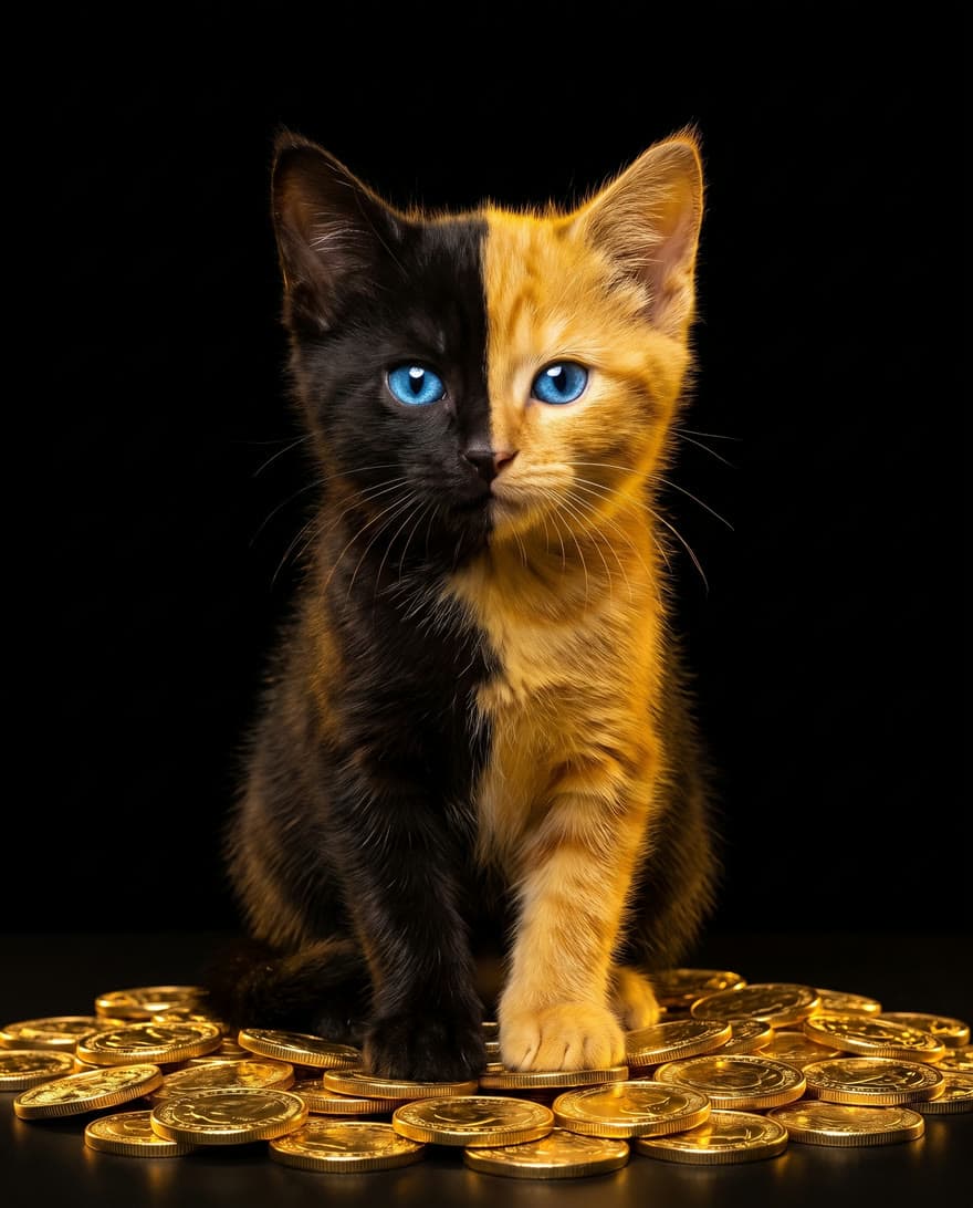 Bicat sitting on a pile of gold coins