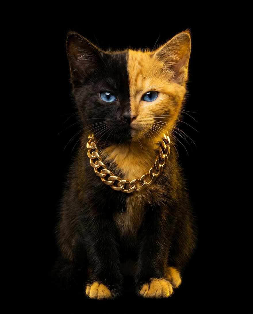 Bicat wearing a gold chain, staring at the camera