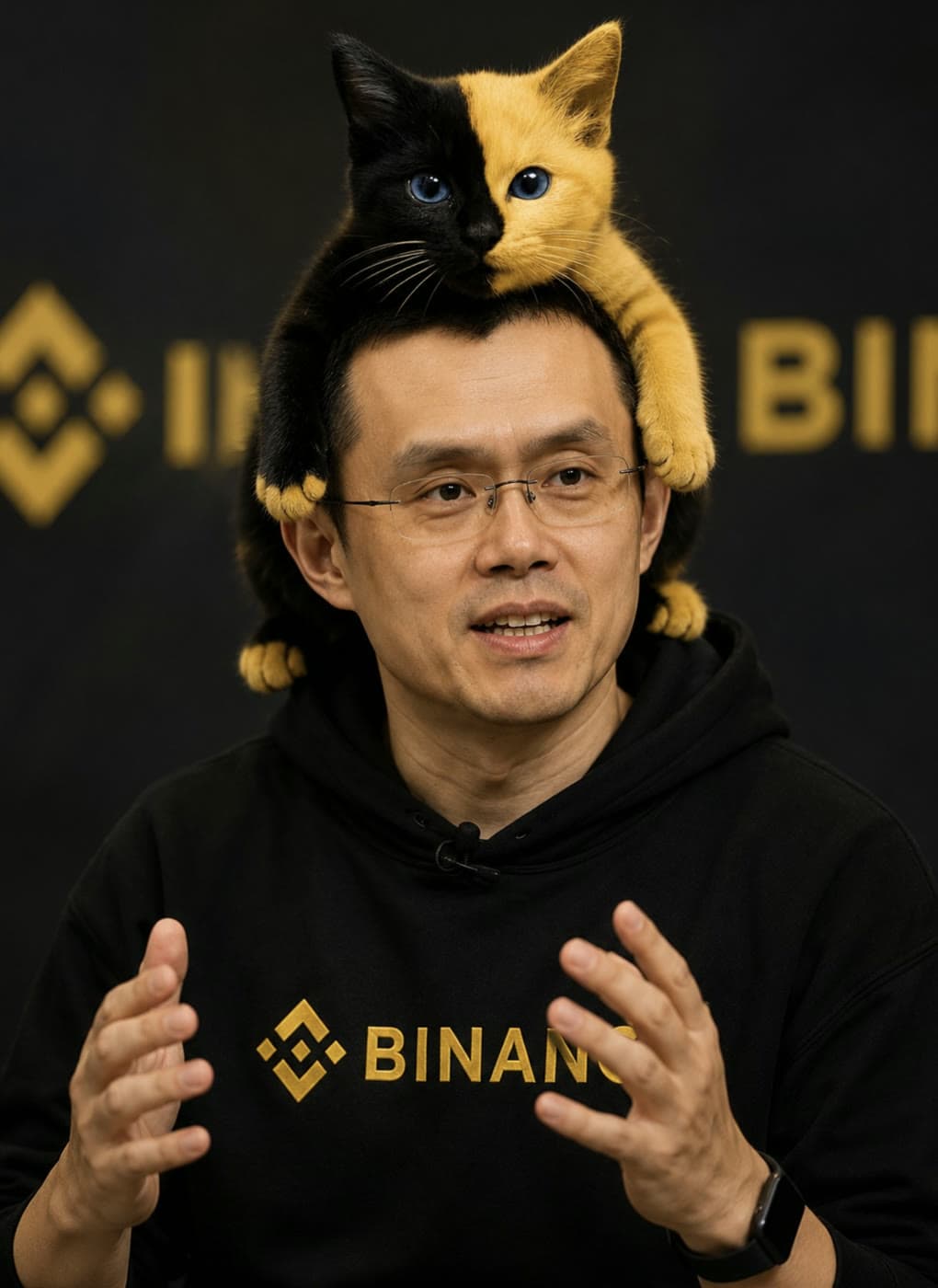 CZ speaking in front of a Binance backdrop with Bicat sitting on his head