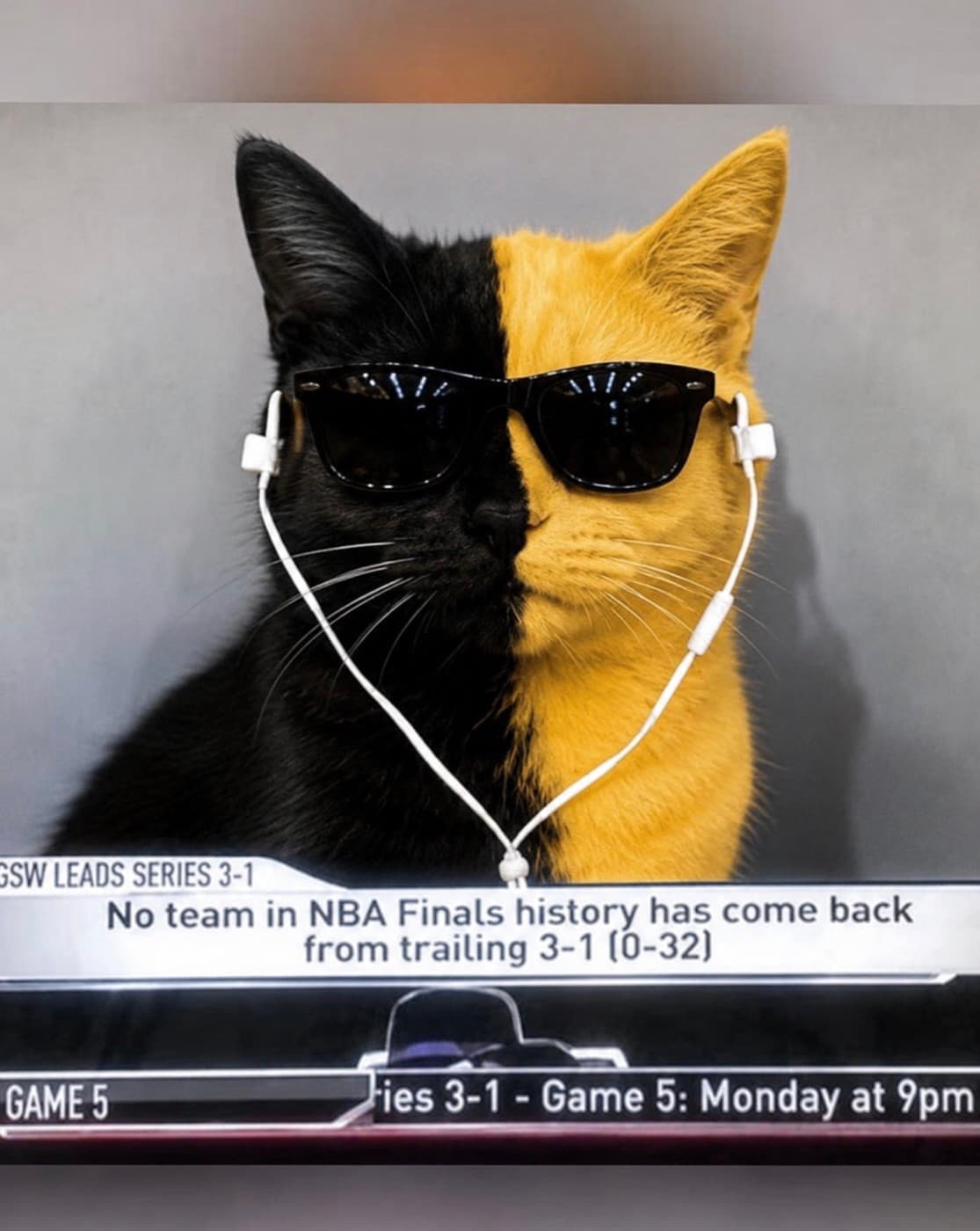 Bicat in sunglasses on a basketball broadcast, under a graphic reading no team has come back from trailing 3-1