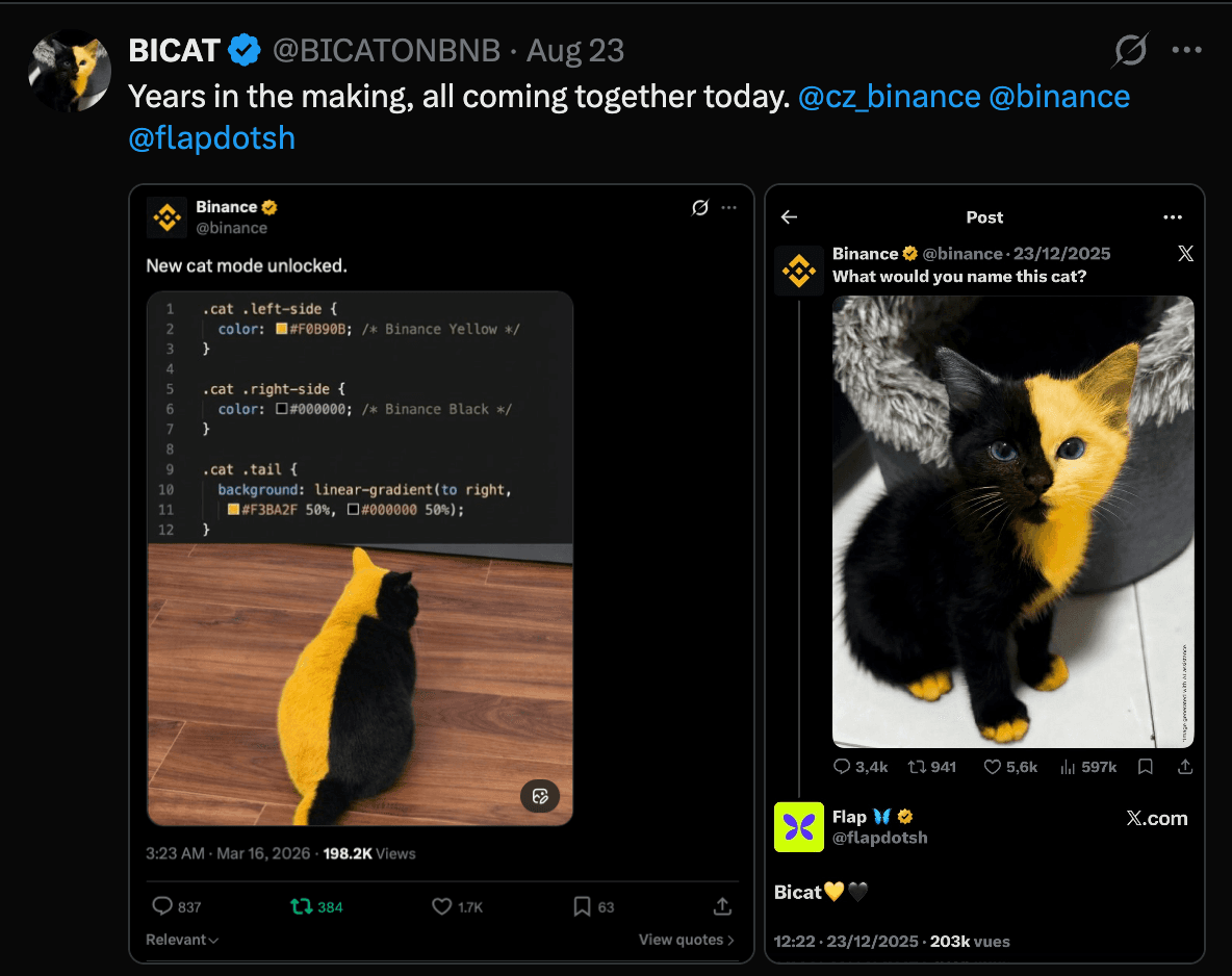@BICATONBNB, 23 August: Years in the making, all coming together today, tagging @cz_binance, @binance and @flapdotsh, above Binance's New cat mode unlocked post and the original name-this-cat thread