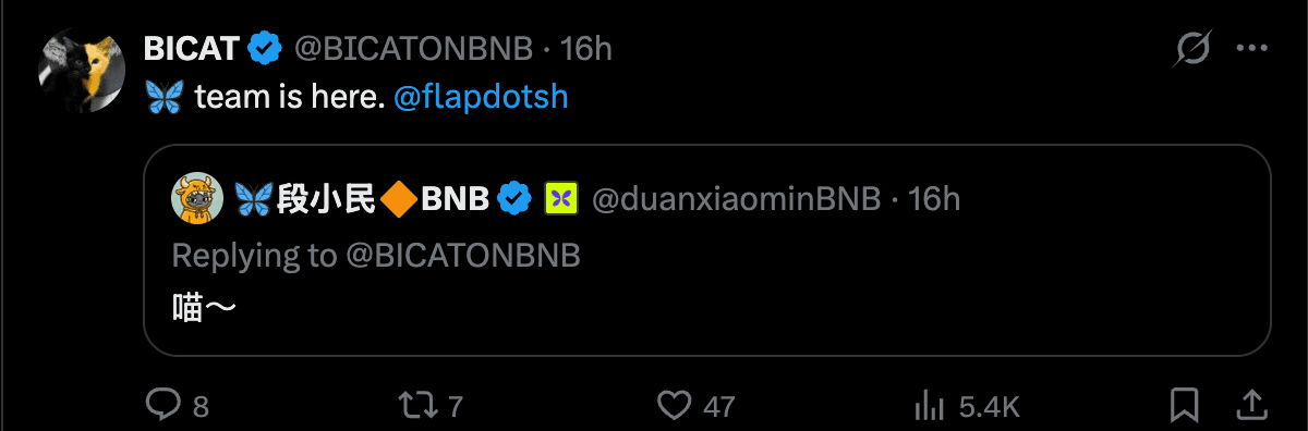 @BICATONBNB: team is here, tagging @flapdotsh, quoting @duanxiaominBNB replying with a cat sound